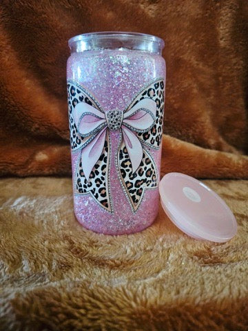 16oz Pink Bow with Cheetah Print